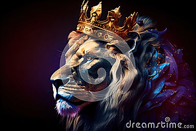 Magnificent lion with golden crown Generative AI Illustration Stock Photo