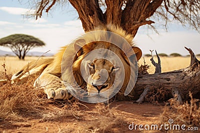 A magnificent lion peacefully lounges on top of a parched grassy landscape., A sleeping lion pride under the shade of an acacia Stock Photo