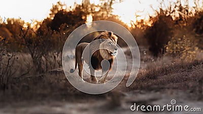 Magnificent male lion striding across a sun-drenched savannah, AI-generated. Stock Photo