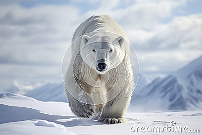 Magnificent Male Polar Bear waking toward the camera with snow background Cartoon Illustration