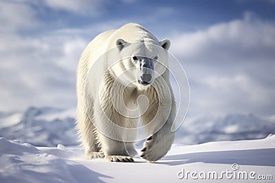 Magnificent Male Polar Bear waking toward the camera with snow background Cartoon Illustration