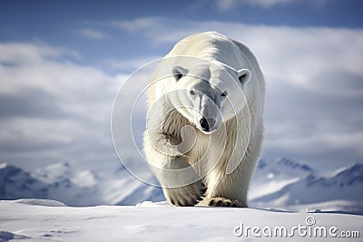 Magnificent Male Polar Bear waking toward the camera with snow background Cartoon Illustration