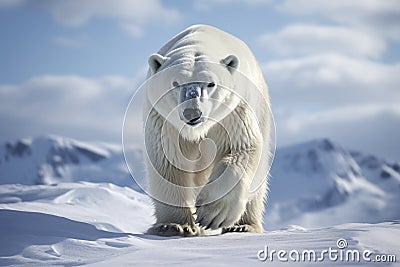 Magnificent Male Polar Bear waking toward the camera with snow background Cartoon Illustration