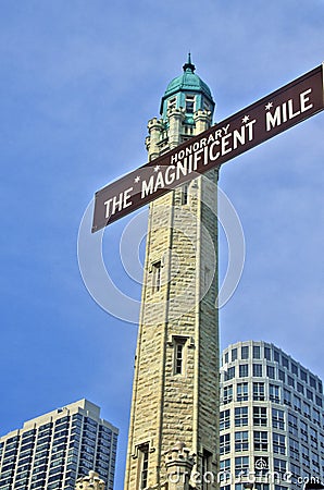 The Magnificent Mile Sign with the Water Tower, Chicago, Illinois Stock Photo