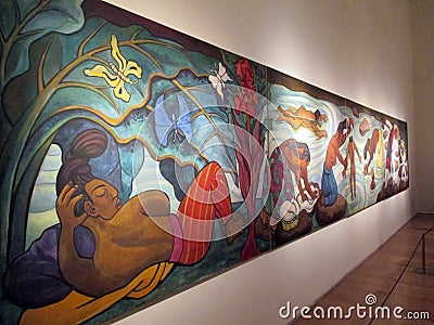 Magnificent monumental painting by Diego Rivera exhibited in the Malba - Baile in Tehuantepec - Editorial Stock Photo