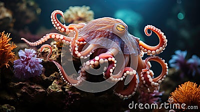 Magnificent octopus among the underwater picturesque landscape with marine life Stock Photo