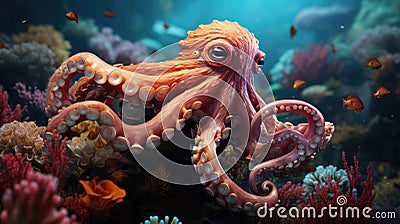 Magnificent octopus among the underwater picturesque landscape with marine life Stock Photo