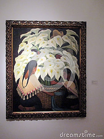 Magnificent painting of calas or gannets by Diego Rivera exhibited in the Malba - Buenos Aires Argentina Editorial Stock Photo