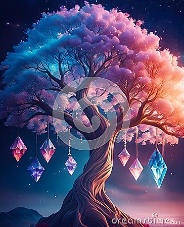 A magnificent tree, its branches reaching skyward, adorned with shimmering colorful crystals Stock Photo