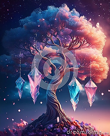 A magnificent tree, its branches reaching skyward, adorned with shimmering colorful crystals Stock Photo