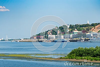 Nizhny Novgorod, Russia, July 6, 2023. Sand spit with seagulls and a view of the city. Editorial Stock Photo