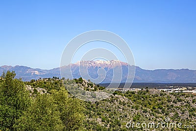 Magnificent Sam Mountain view from the vicinity of Karain Cave in Antalya. Stock Photo