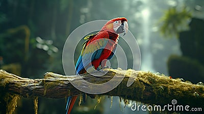 A magnificent scarlet macaw perched on a moss-covered branch Stock Photo
