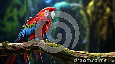 A magnificent scarlet macaw perched on a moss-covered branch, Stock Photo