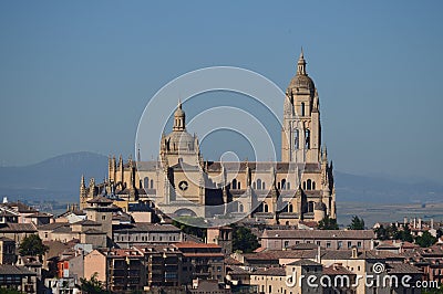 Magnificent Shot Of The Cathedral Of Segovia At Sunrise. Architecture, Travel, History. Stock Photo