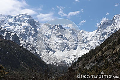 Magnificent shot of hills, trees, blue sky, and snowy mountains in the background in Manang, Nepal Stock Photo