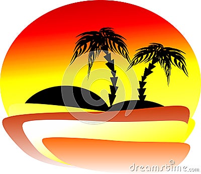 The magnificent sunset at the seaside with two palm trees on the Vector Illustration