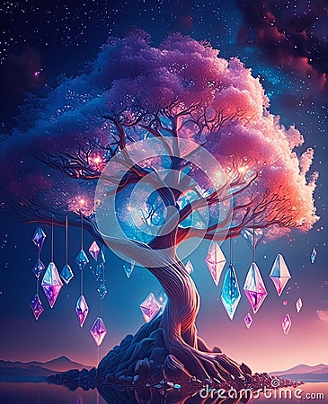 A magnificent tree, its branches reaching skyward, adorned with shimmering colorful crystals Stock Photo