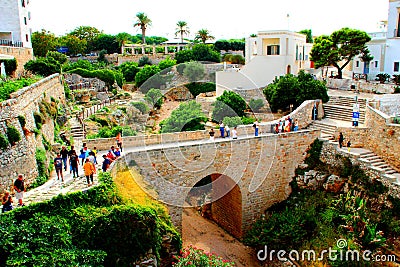 View from above at an ancient bridge and rocky landscape covered by vegetation in Polignano a Mare Editorial Stock Photo