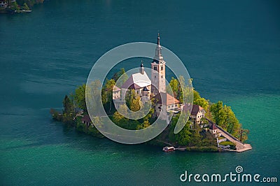 Magnificent view of Bled Lake. Bled island with pilgrimage church of the Assumption of Mary, Slovenia Stock Photo