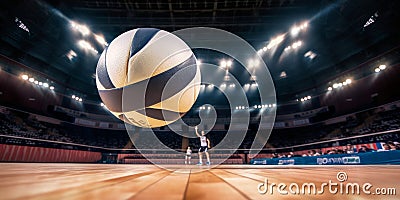 Magnificent volleyball arena with a volleyball ball on a wooden floor with spectators in the grandstand. Professional world sport Cartoon Illustration