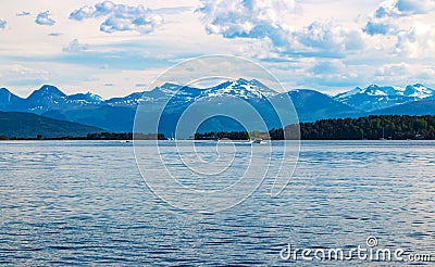 Magnificent water landscape with mountains in the background in Molde, Norway Stock Photo