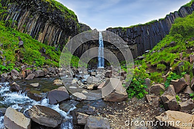 Magnificent waterfall Svartifoss Stock Photo