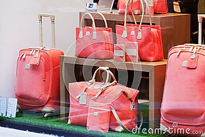 Magnificent women's bags in a shop show-window Editorial Stock Photo