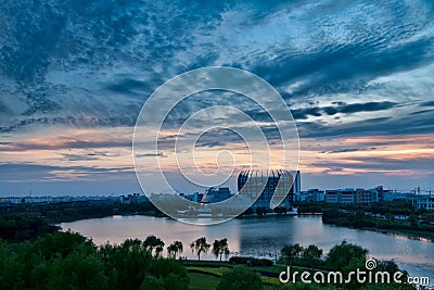 Magnificenty scene by campus lakeside after rain Stock Photo