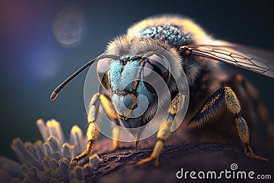 Magnified Close-Up of a Bee's Head with Yellow Pollen Dust Stock Photo