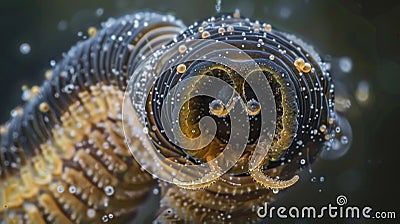 A magnified image of a leech attached to the skin of its host its large round mouthparts clearly visible. The leech is Stock Photo