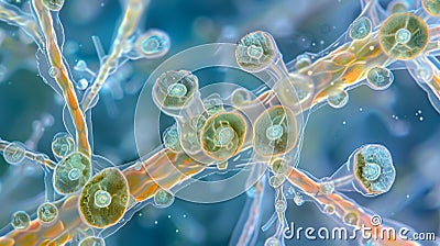 A magnified image of a single fungal hypha revealing its complex network of filaments and compartments that allow for Stock Photo