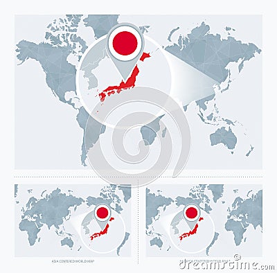 Magnified Japan over Map of the World, 3 versions of the World Map with flag and map of Japan Vector Illustration