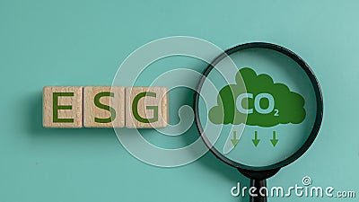 A magnified view of the letters ESG and CO2 Stock Photo