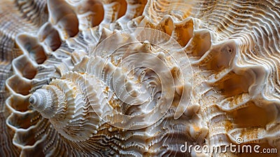 A magnified view of a seashell displaying the tiny ridges and patterns that form its unique texture. Stock Photo