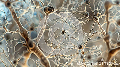 A magnified view of several branching fungal hyphae each with intricate and unique patterns resembling a microscopic Stock Photo