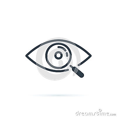 Magnifier with eye outline icon. Find icon, investigate concept symbol. Eye with magnifying glass. Appearance, aspect. Vector Illustration