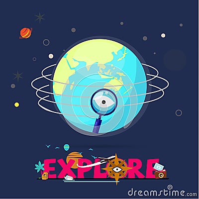 Magnifier flying around the world. explorer concept - vector Vector Illustration