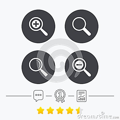 Magnifier glass icons. Plus and minus zoom tool. Vector Illustration