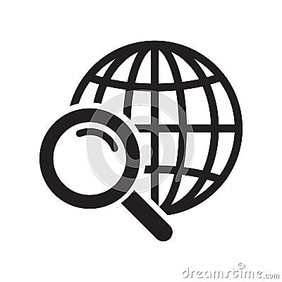 Magnifier and globe icon, search for a place on a map or on the globe icon. The icon of the magnifying glass and planet Earth. Vector Illustration