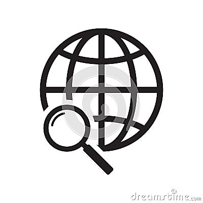 Magnifier and globe icon, search for a place on a map or on the globe icon. The icon of the magnifying glass and planet Earth. Vector Illustration