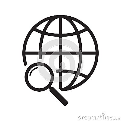Magnifier and globe icon, search for a place on a map or on the globe icon. The icon of the magnifying glass and planet Earth. Vector Illustration