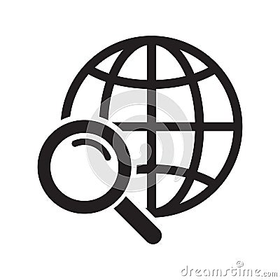 Magnifier and globe icon, search for a place on a map or on the globe icon. The icon of the magnifying glass and planet Earth. Vector Illustration