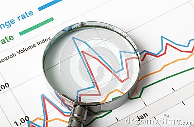 Magnifier with graphical charts Stock Photo