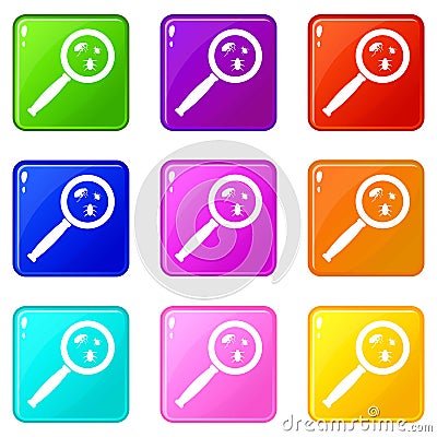 Magnifier and insects icons 9 set Vector Illustration