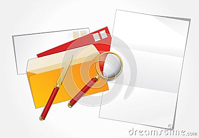 Magnifier, paper knife and layout letter. Vector Illustration