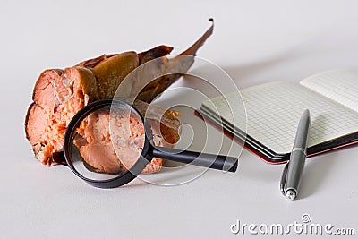 Magnifier, pieces of red smoked salmon, pen and notepad. Research and expertise of quality, fish. Analysis of the content Stock Photo