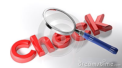 Magnifier on red Check - 3D rendering Stock Photo