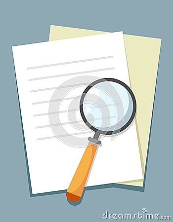 Magnifier search icon-gear sign with documents,magnifier sign-research illustration-zoom. Vector Vector Illustration