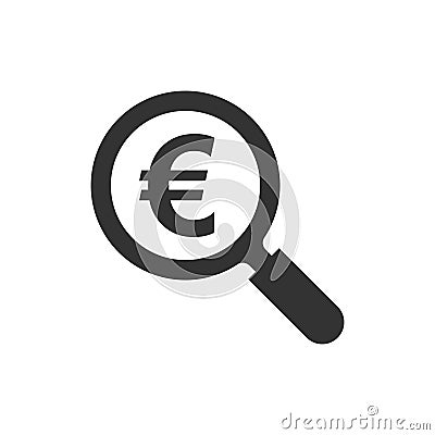 Magnify glass with euro sign icon in flat style. Loupe, money vector illustration on white isolated background. Search bill Vector Illustration